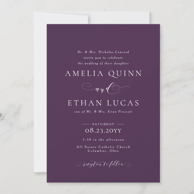 Invitación formal elegante a la boda de ciruela (Anverso)