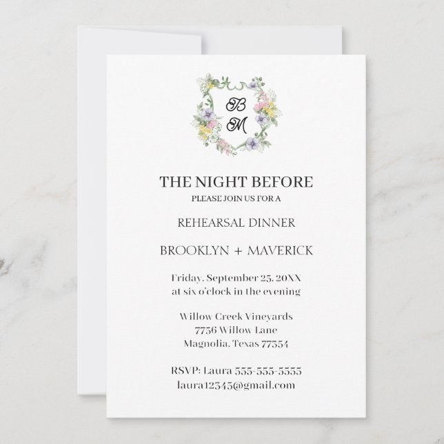 Invitación Formal Floral Monogram Crest Wedding (Anverso)