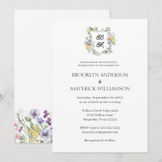 Invitación Formal Floral Monogram Crest Wedding (Anverso / Reverso)