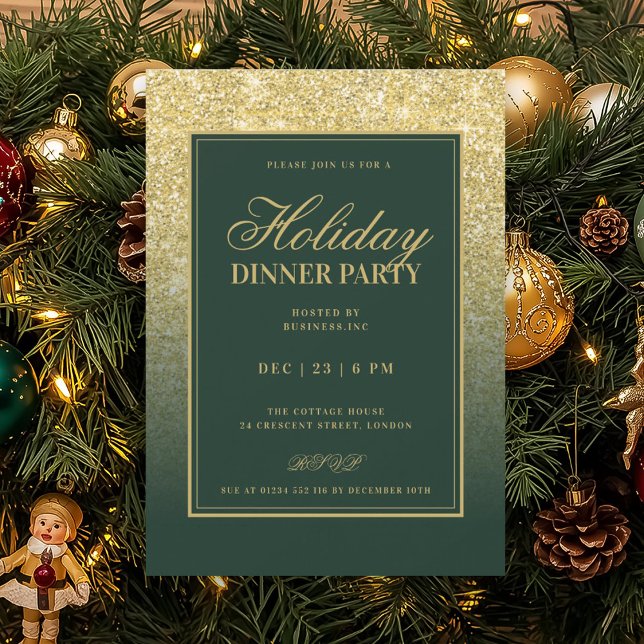 Invitación Formal Gold Glam FAUX Glitter Holiday Dinner Green (Formal Gold Glam FAUX Glitter Holiday Dinner Green Invitation)