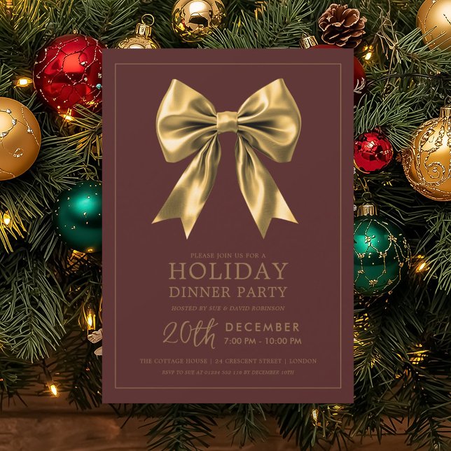 Invitación Formal Holiday Dinner Party Gold Satin Bow Marsala (Formal Holiday Dinner Party Gold Satin Bow Marsala Invitation)