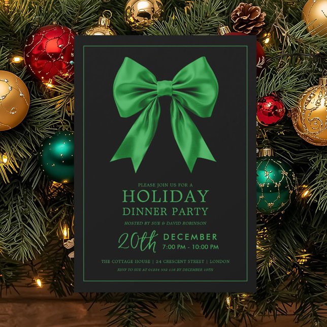 Invitación Formal Holiday Dinner Party Green Satin Bow Black  (Formal Holiday Dinner Party Green Satin Bow Black Invitation)