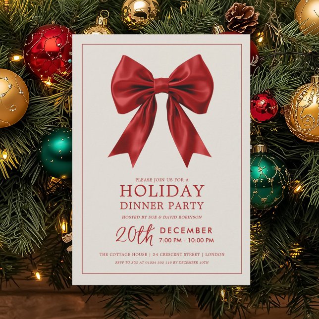 Invitación Formal Holiday Dinner Party Red Satin Bow (Formal Holiday Dinner Party Red Satin Bow Invitation)