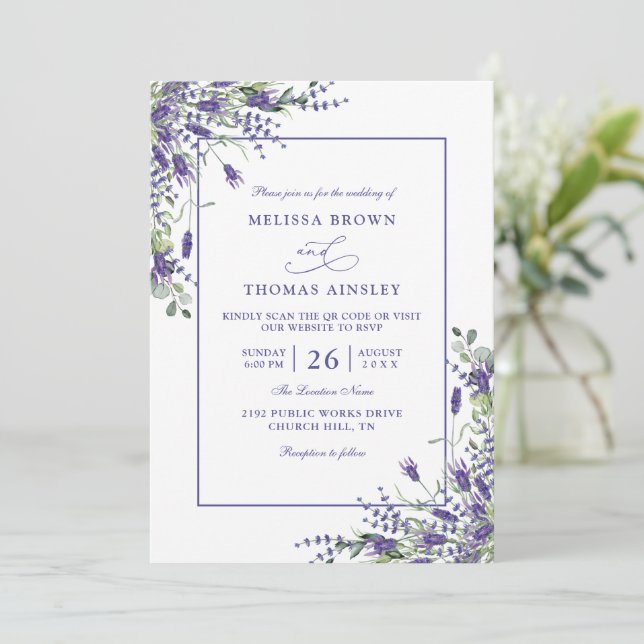 Invitación Formal Lavender Eucalyptus Budget QR Code Wedding (Anverso de pie)