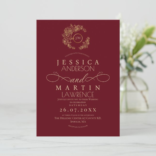 Invitación Formal Minimalist Red Gold Wedding  (Anverso de pie)