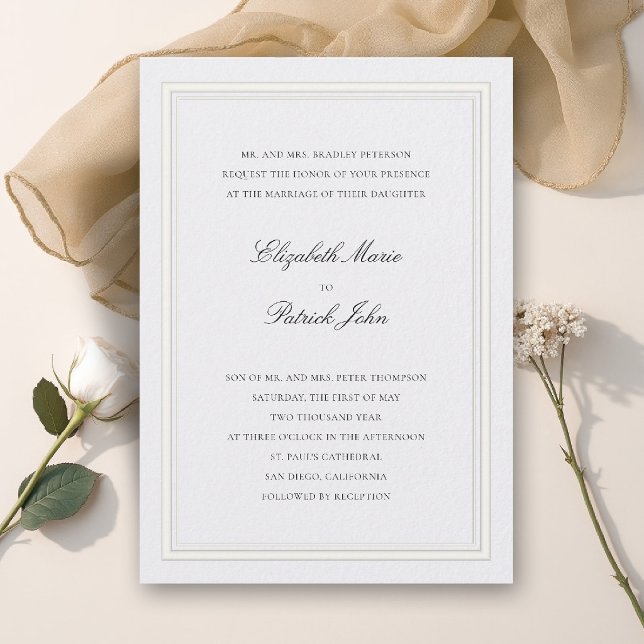 Invitación Formal Modern Classic Thick & Thin Pearl Wedding (formal wedding invitation modern classic double frame duo elegant pearl white calligraphy parents)