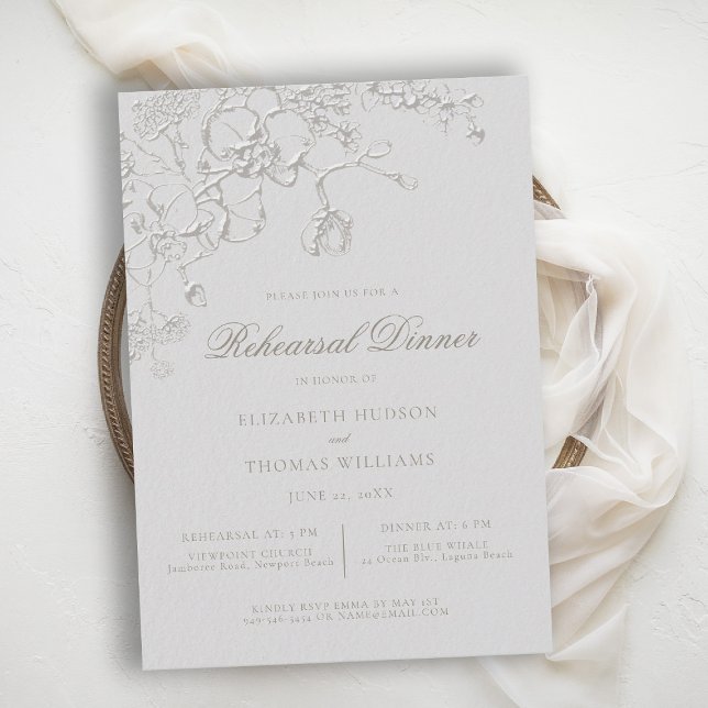 Invitación Formal para Cena de Ensayo Orchids Reve (orchid wedding reception card art sketch romantic modern classic formal elegant ivory)