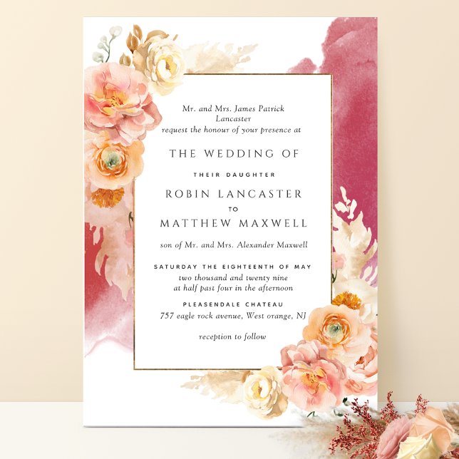 Invitación Formal Peach, Blush, Burgundy Watercolor Wedding (Subido por el creador)