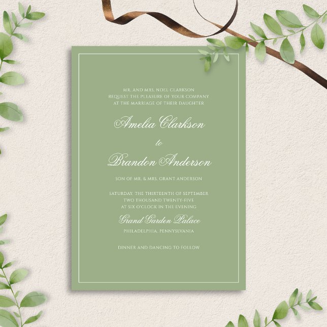 Invitación Formal Real Sage Green Border Script Wedding (Subido por el creador)