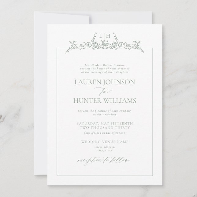 Invitación Formal Sage Green Floral Border Monogram Wedding (Anverso)