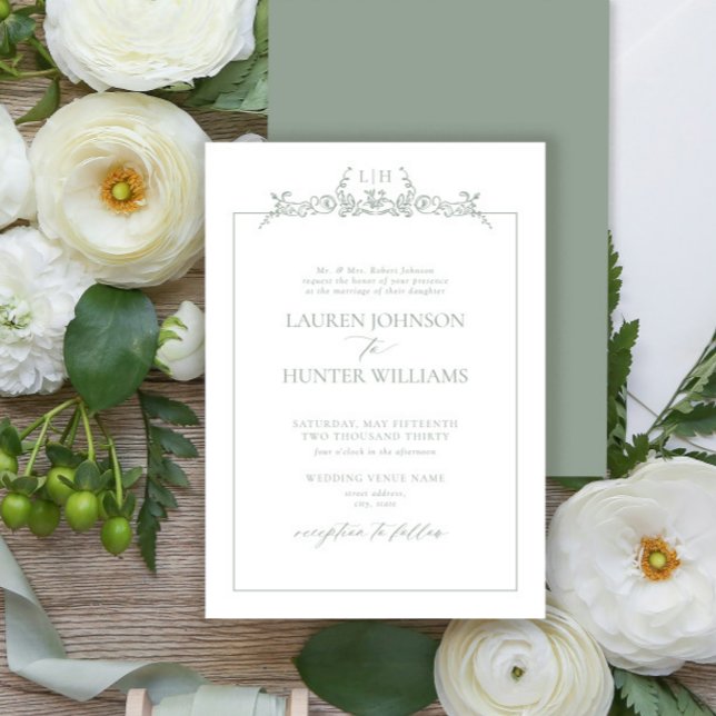 Invitación Formal Sage Green Floral Border Monogram Wedding (Subido por el creador)