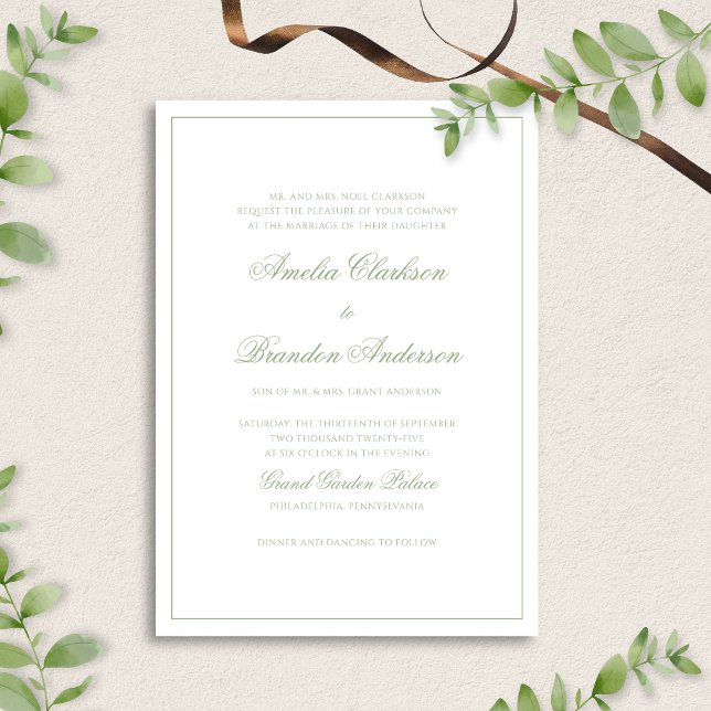 Invitación Formal Sage Green & White Border Script Wedding (Subido por el creador)