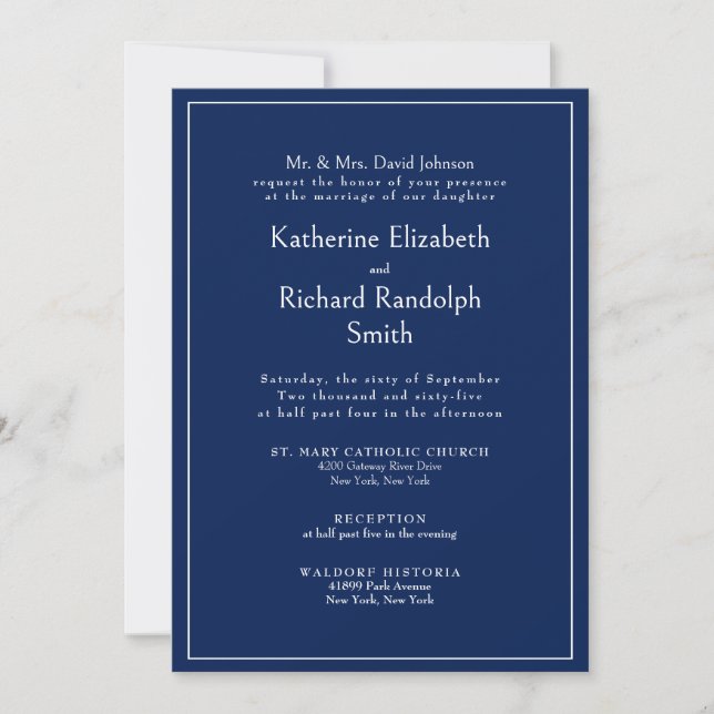 Invitación Formal Sapphire Blue Wedding Bride Parents  (Anverso)