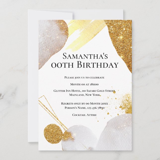 Invitación Formas abstractas doradas y rosadas de purpurina a (Anverso)