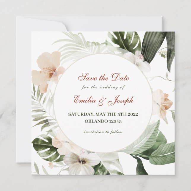 Invitación Fórmula tropical hibiscus boho floral pastel Save  (Anverso)