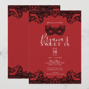 Invitación Fortuna Rojo Encaje Negro Fiesta de Máscaras Dulce