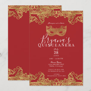 Invitación Fortuna Rojo Oro Encaje Mascarada 15 Quinceañera  
