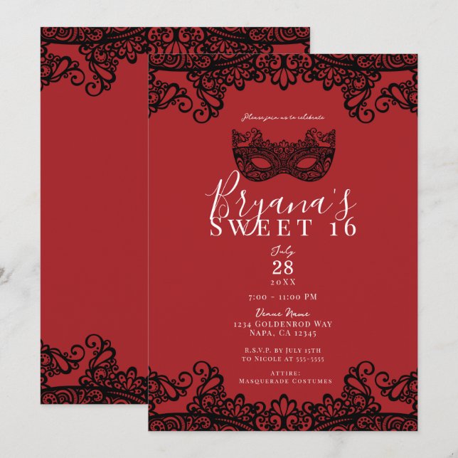 Invitación Fortune Red Black Lace Masquerade Sweet 16 Fiesta (Anverso / Reverso)