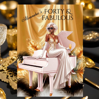 Invitación Forty Fabulous Elegant Birthday Gold White Piano