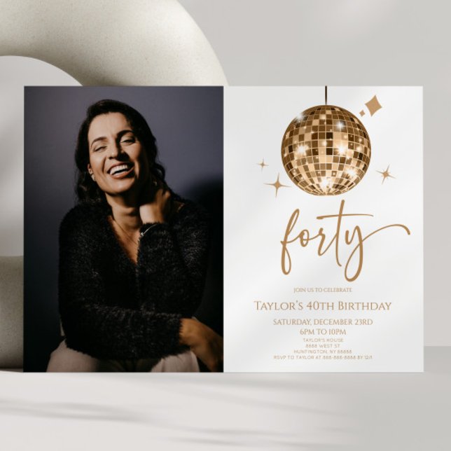 Invitación Forty Gold Disco Ball Photo 40th Birthday Party (Subido por el creador)