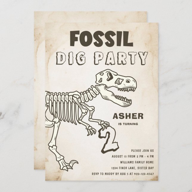 Invitación Fossil Dig Dinosaur Birday Party (Anverso / Reverso)