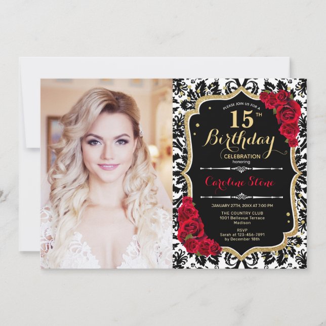 Invitación Foto 15th Birthday Party Red Gold Black Damask (Anverso)