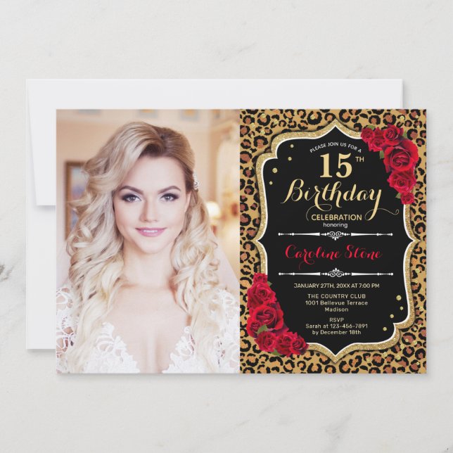 Invitación Foto 15th Birthday Party Red Gold Leopard Print (Anverso)