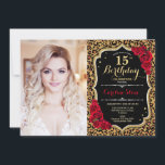 Invitación Foto 15th Birthday Party Red Gold Leopard Print<br><div class="desc">Invitación a la fiesta de cumpleaños 15 de Leopard Pattern con tu foto. Presenta impresión de guepardo,  tipo de letra de guión,  rosas rojas y confeti. Diseño elegante de la impresión animal con oro falso purpurina. Perfecto para una elegante celebración del 15° cumpleaños.</div>