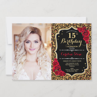 Invitación Foto 15th Birthday Party Red Gold Leopard Print