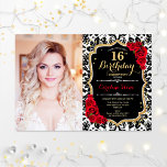 Invitación Foto 16th Birthday Party Red Gold Black Damask<br><div class="desc">Invitación a la fiesta de cumpleaños número 16 con tu foto. Incluye damasco,  letra de guión,  rosas rojas y confeti. Elegante diseño rojo blanco negro con oro falso purpurina. Perfecto para una elegante celebración de 16 días.</div>