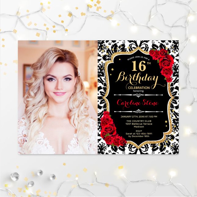 Invitación Foto 16th Birthday Party Red Gold Black Damask (Subido por el creador)