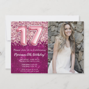 Invitación Foto 17 cumpleaños niña magenta rosa