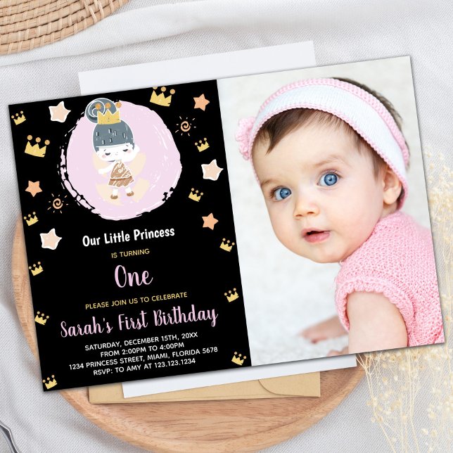 Invitación Foto 1 cumpleaños de Black Our Little Princess (Photo 1st Black Our Little Princess Birthday Invitation)