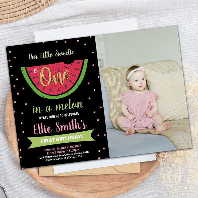 Invitación Foto 1 cumpleaños de la sandía verde (Photo 1st Green Watermelon Birthday Invitation)