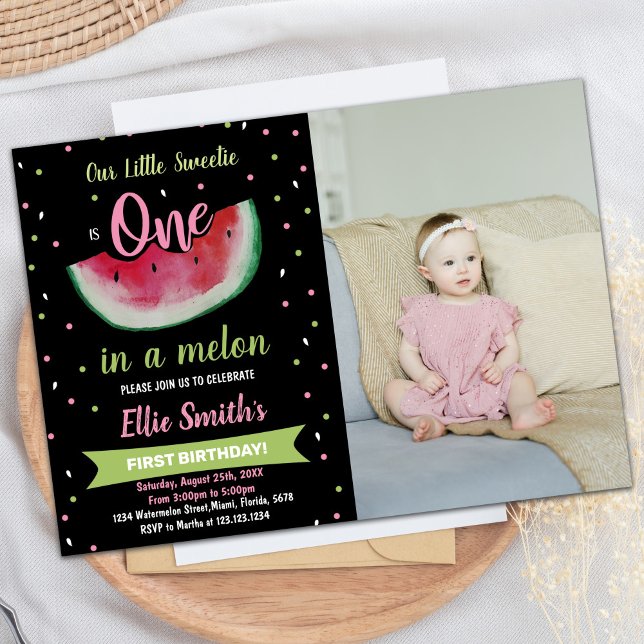 Invitación Foto 1 cumpleaños de la sandía verde negra (Photo 1st Black Green Watermelon Birthday Invitation)