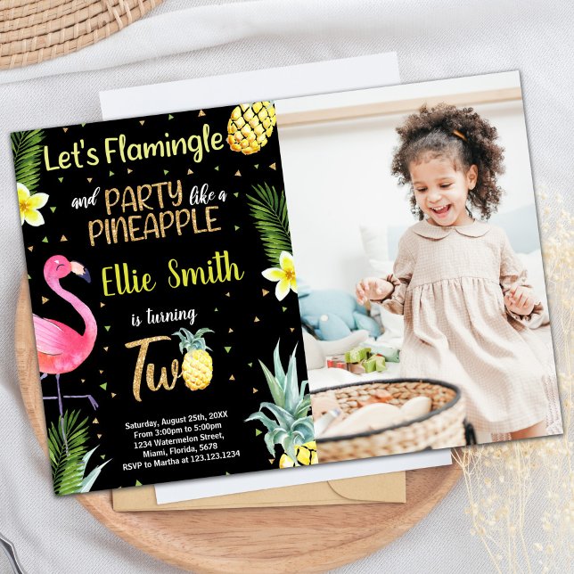 Invitación Foto 2.º Purpurina negro Flamingo Piña (Photo 2nd Black Glitter Flamingo Pineapple Invitation)