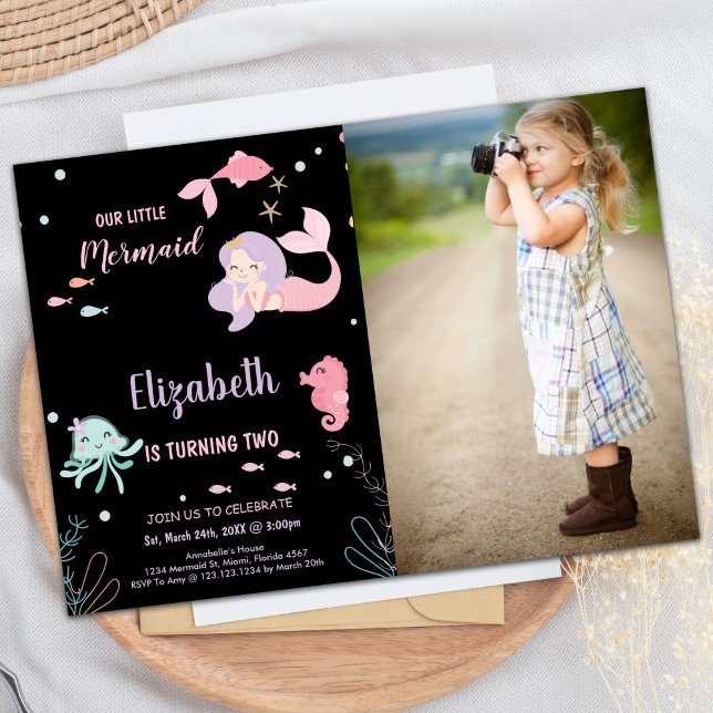 Invitación Foto 2 cumpleaños de nuestra sirena rosada (Photo 2nd Our Little Pink mermaid Birthday Invitation)