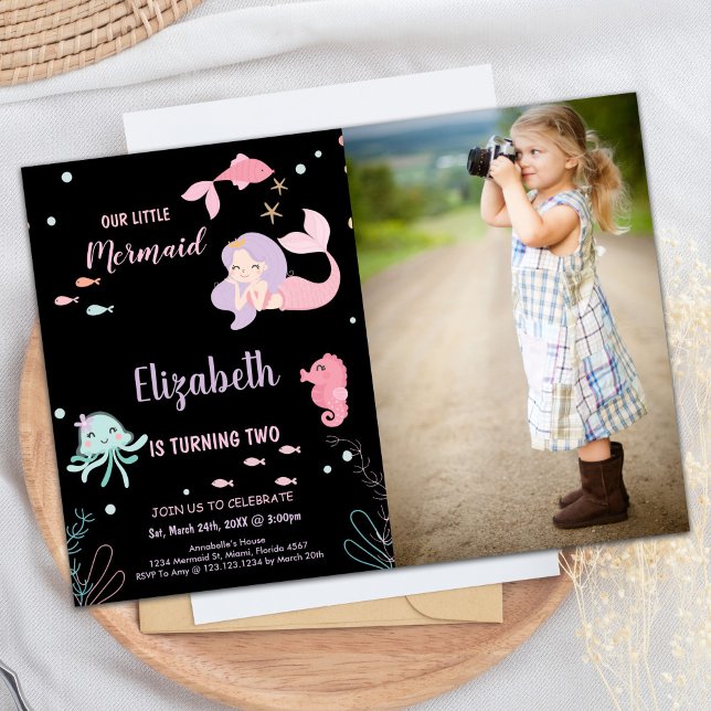 Invitación Foto 2 cumpleaños de nuestra sirena rosada (Photo 2nd Our Little Pink mermaid Birthday Invitation)