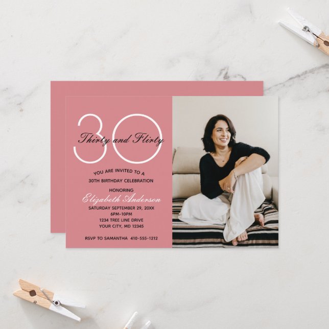 Invitación Foto 30 Cumpleaños Treinta y Flirty Pink (Anverso/Reverso In Situ)