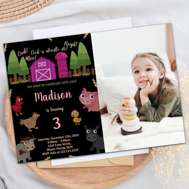 Invitación Foto 3 cumpleaños de animales de la granja negra (Photo 3rd Black Red Farm Animals Birthday Invitation)