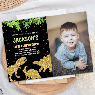 Invitación Foto 3 Cumpleaños de Dinosaurios, Purpurina Negro 