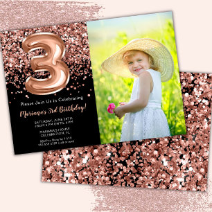 Invitación Foto 3er Cumpleaños Rosa Negro Dorado Brillante