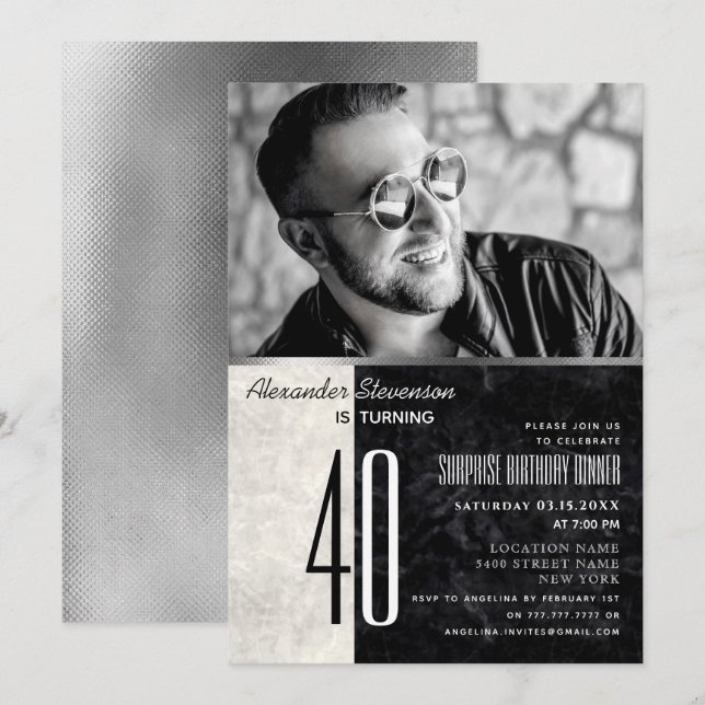 Invitación Foto 40 cumpleaños, mármol blanco y negro (Anverso / Reverso)