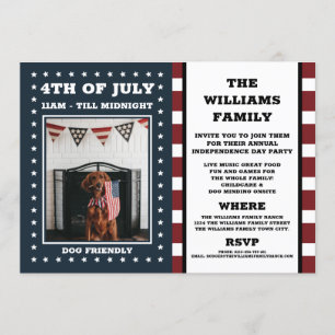 Invitación Foto  4 de julio  Familia  Perro  Azul blanco rojo