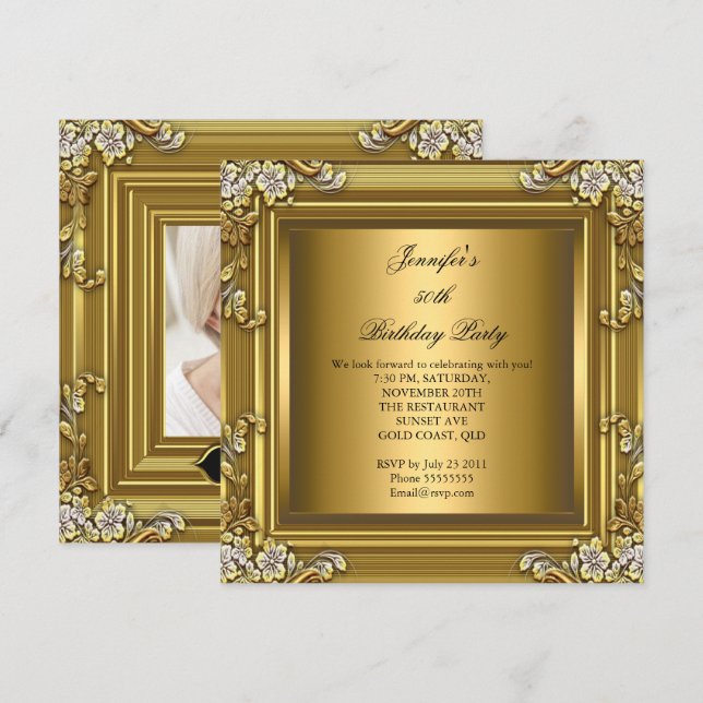 Invitación Foto 50.ª Fiesta de Cumpleaños Elegante Oro Negro (Anverso / Reverso)