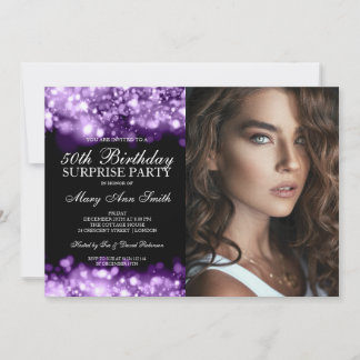 Invitación FOTO 50.ª Sorpresa Cumpleaños Luces de Glam Púrpur