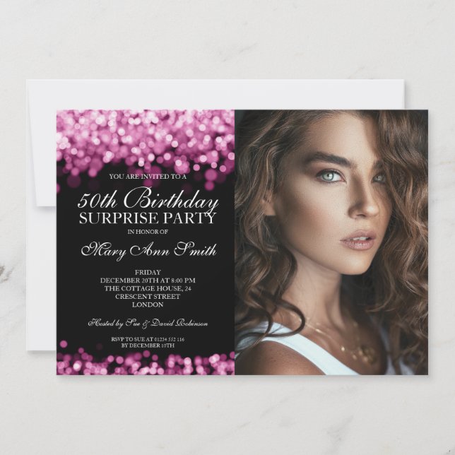 Invitación FOTO 50.ª sorpresa Cumpleaños Rosa Luces de Oro