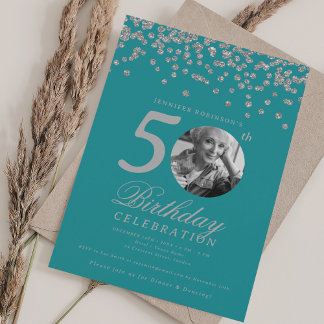Invitación Foto 50.º cumpleaños Plata Confetti Turquesa