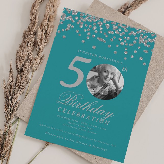 Invitación Foto 50.º cumpleaños Plata Confetti Turquesa (Photo 50th Birthday Silver Confetti Turquoise Invitation)