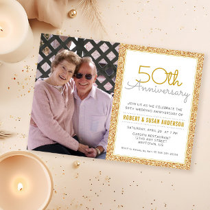 Invitación Foto 50° aniversario Boda Purpurina Faux Gold